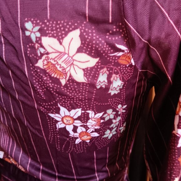 sz 8 True Vintage Boho Burgundy Midi Dress Belt Pinstripe Pattern Acetate 1970's - Picture 9 of 10